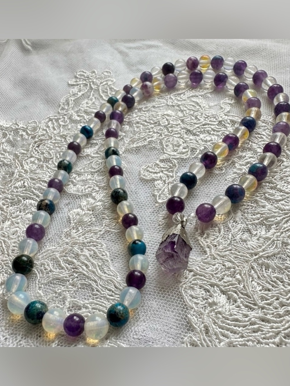 Mermaid Candy Necklace (Rainflower Jade, Amethyst, Mermaid Beads, Opalite) - Picture 2 of 5